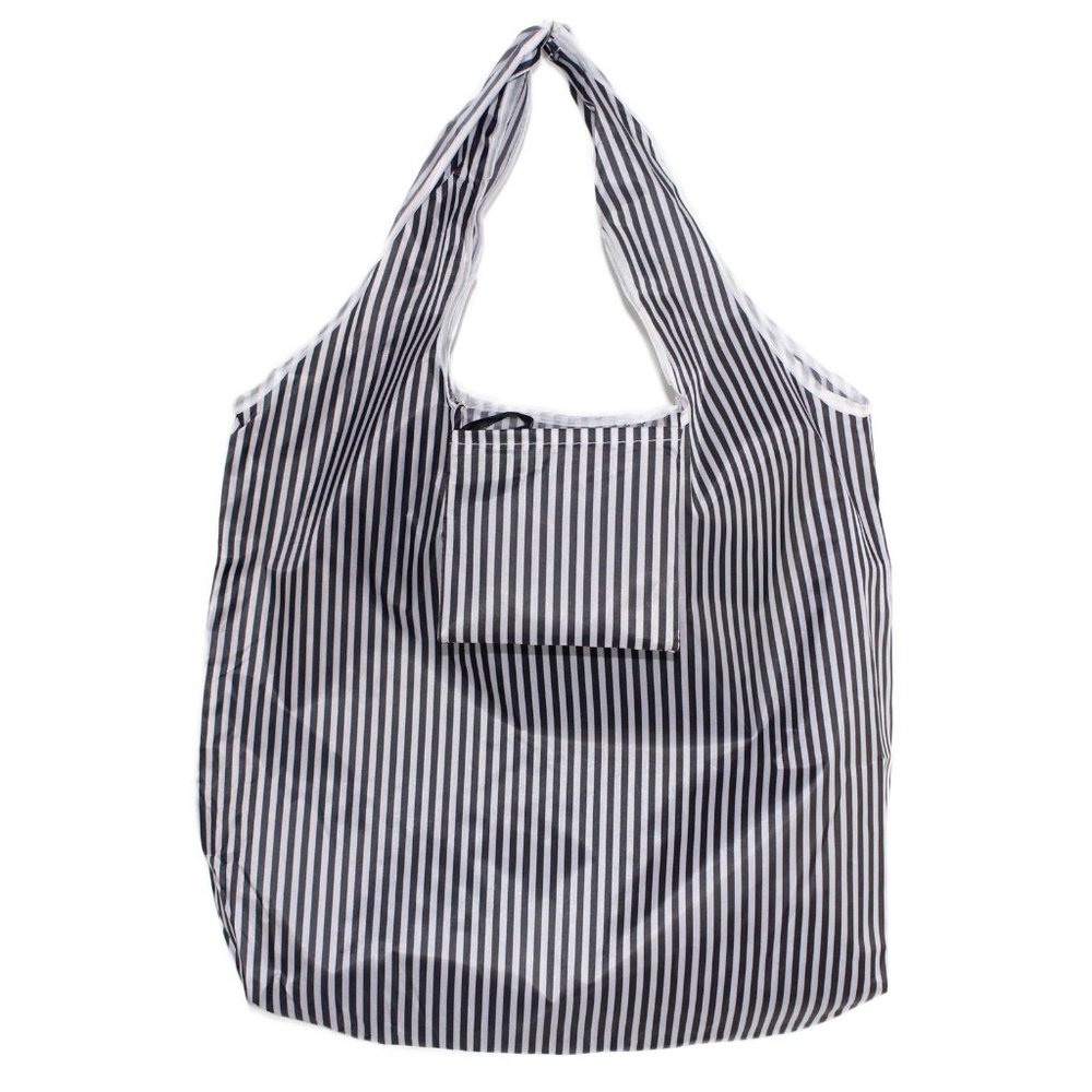Foldable Compact Black White Stripe Reusable Grocery Tote Shopping Bag